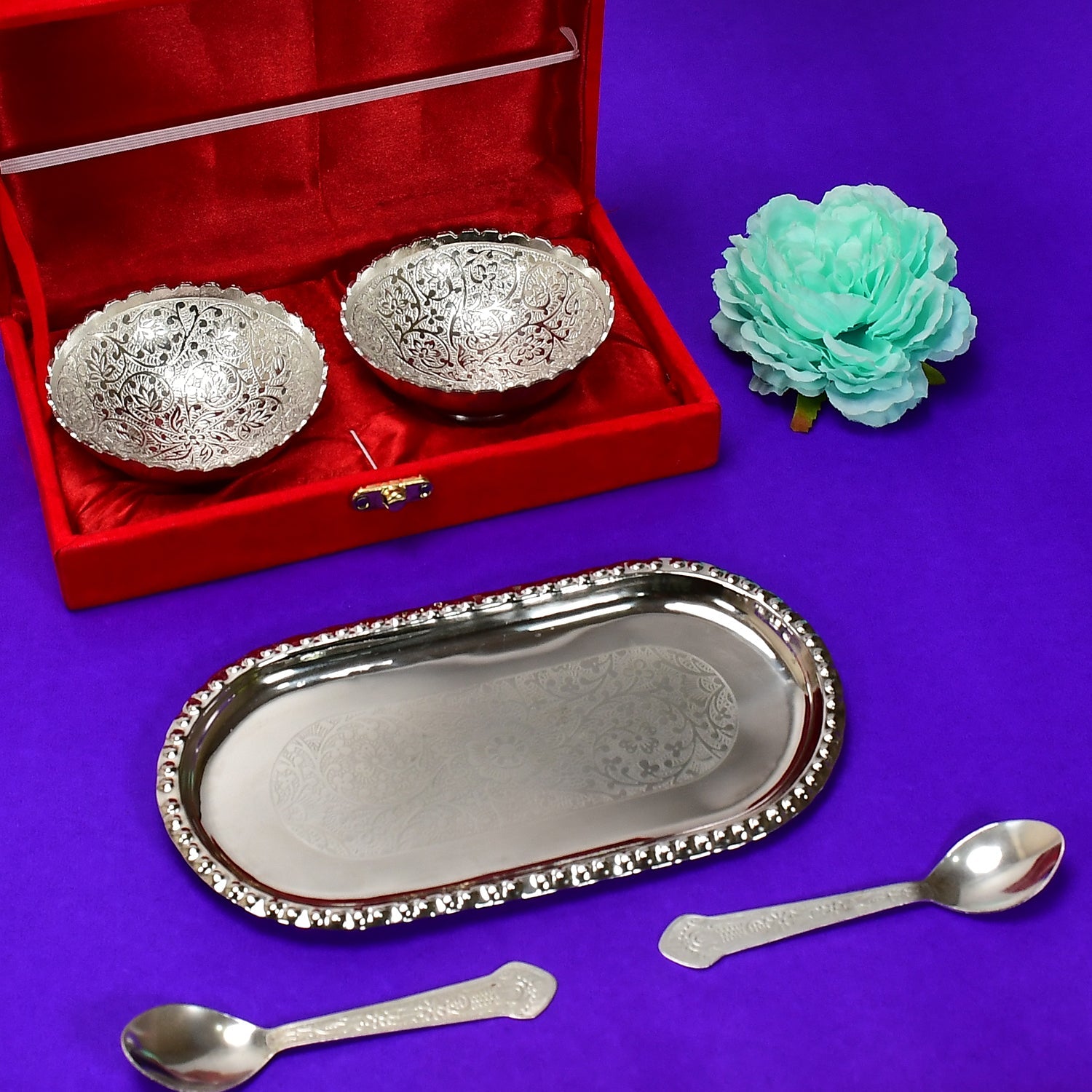 2947A Silver Plated 2 Bowl 2 Spoon Tray Set Brass with Red Velvet Gift Box Serving Dry Fruits Desserts Gift DeoDap 2947A Silver Plated 2 Bowl 2 Spoon Tray Set Brass with Red Velvet Gift Box Serving Dry Fruits Desserts Gift DeoDap